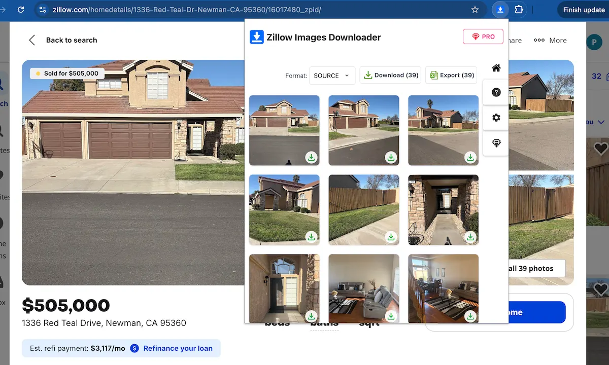 Zillow Images Downloader popup detecting Zillow property images