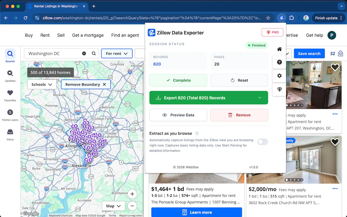 Zillow Data Exporter popup capturing listings for CSV export