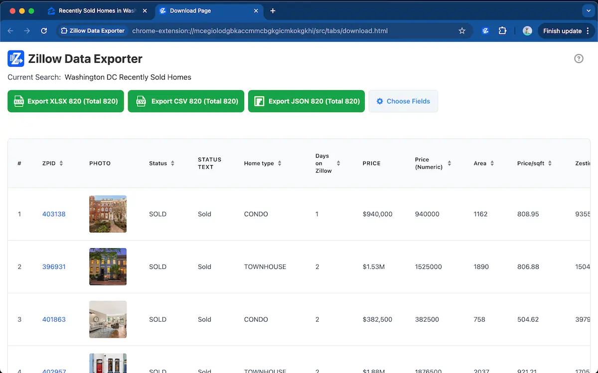 preview Zillow listing rows before CSV export