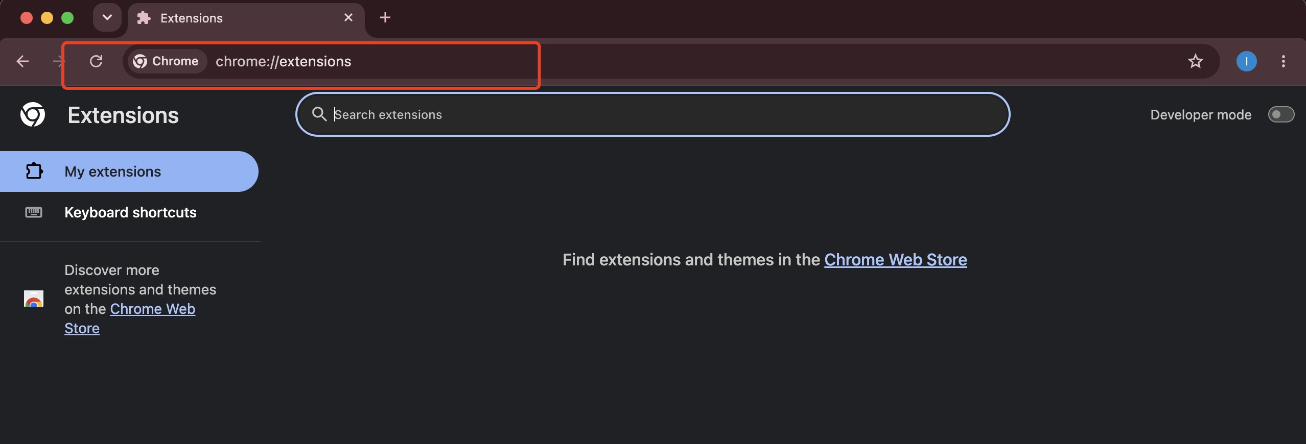 Chrome address bar showing chrome extensions