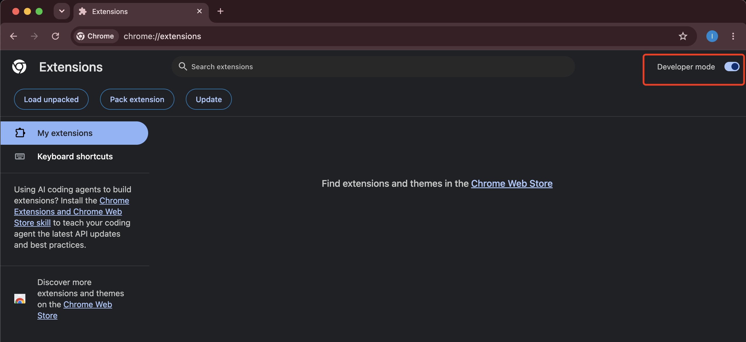 Chrome Extensions page developer mode switch