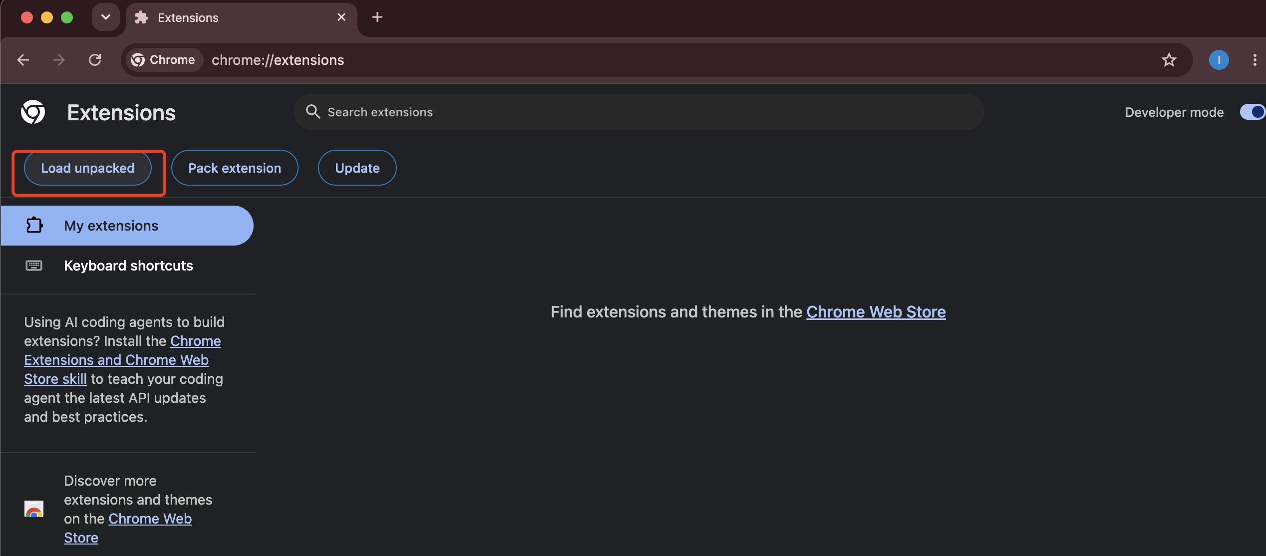 Chrome Extensions Load unpacked control